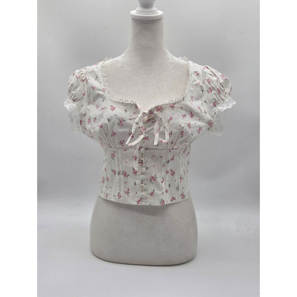 mine White Floral Cropped Blouse with Pink Roses